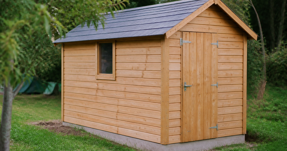 Petite construction en bois posee sur fondation beton grise