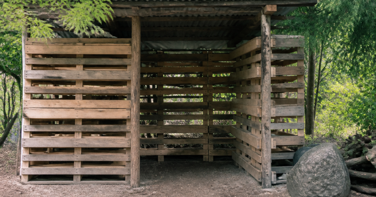 Palettes bois empilees verticalement formant structure abri