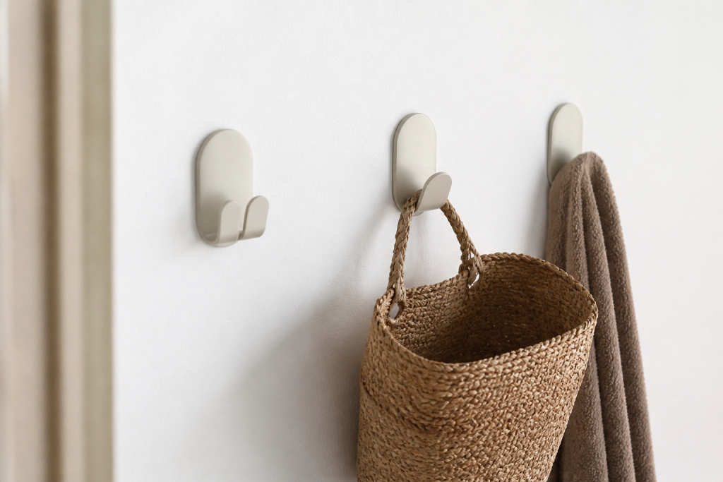 Accessoires suspendus installes rapidement sans perçage sur mur blanc