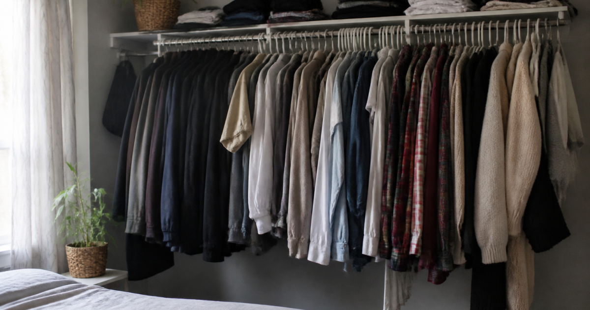 Penderie murale remplie de vetements organises sur cintres dans chambre
