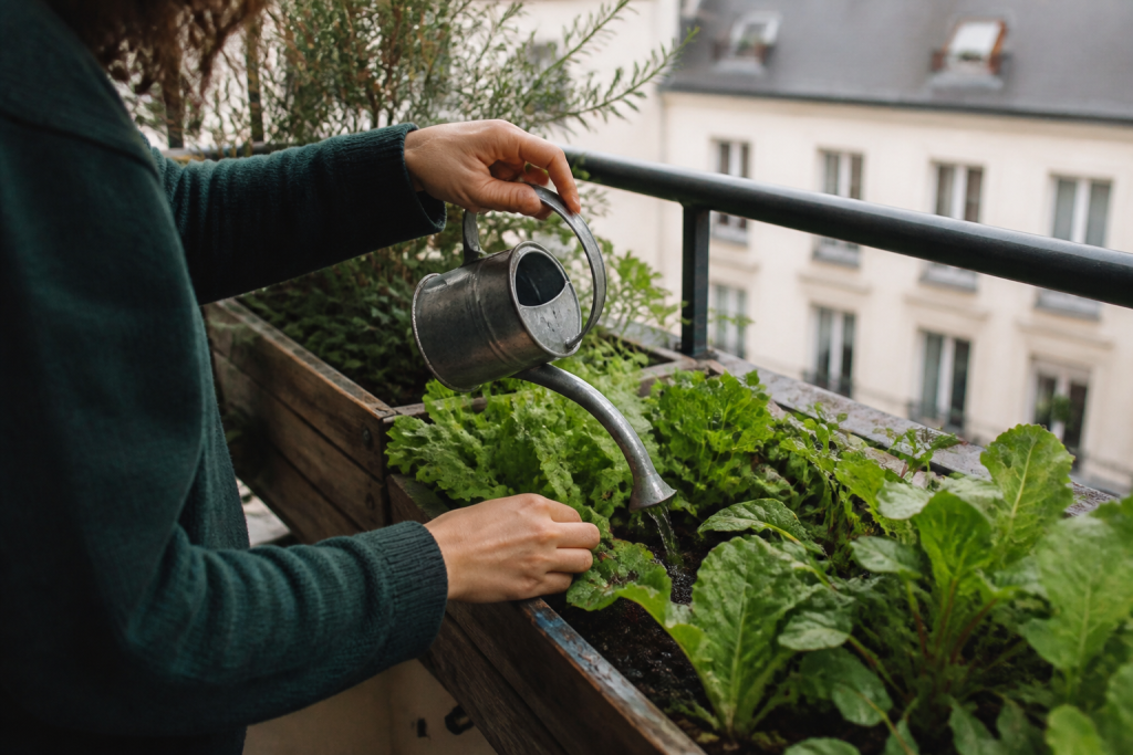 Mains arrosant des bacs de legumes sur balcon