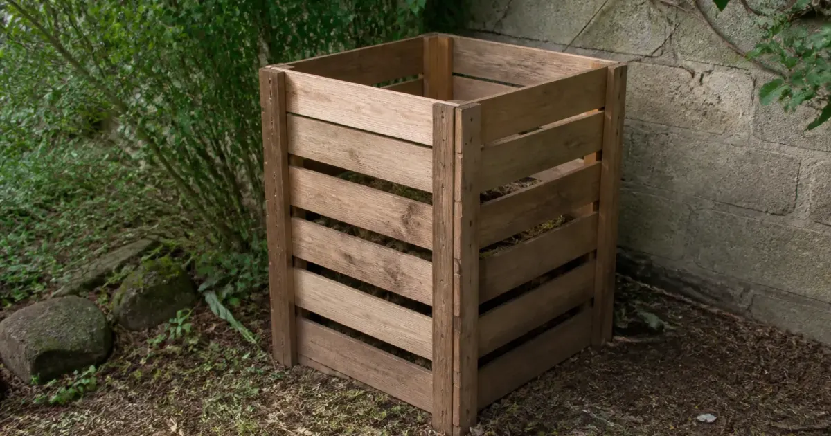Bac compostage bois debout sur terrain avec parois ajourees