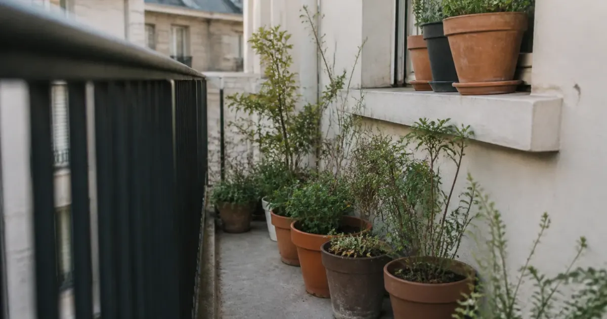 Petit balcon avec plantes en pots alignes contre mur