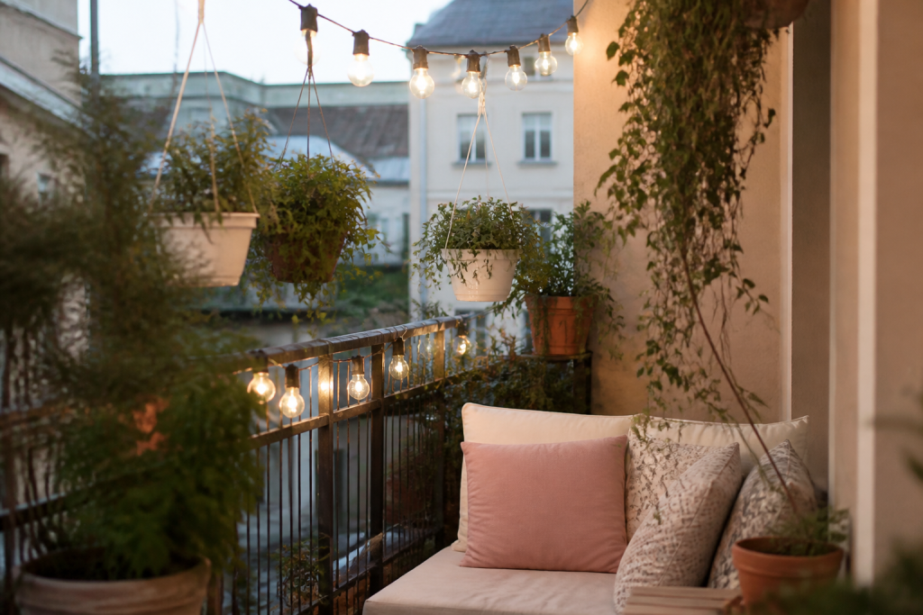 Balcon avec pots suspendus, guirlande lumineuse et coussins