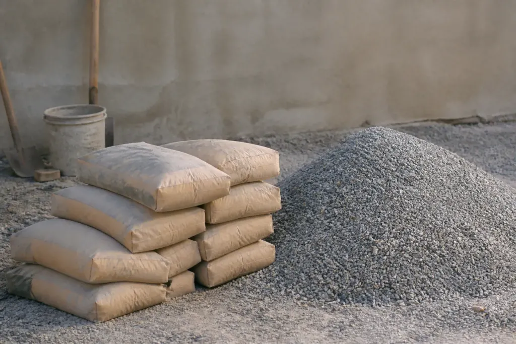 Sacs de ciment et graviers mesurés pour dalle béton
