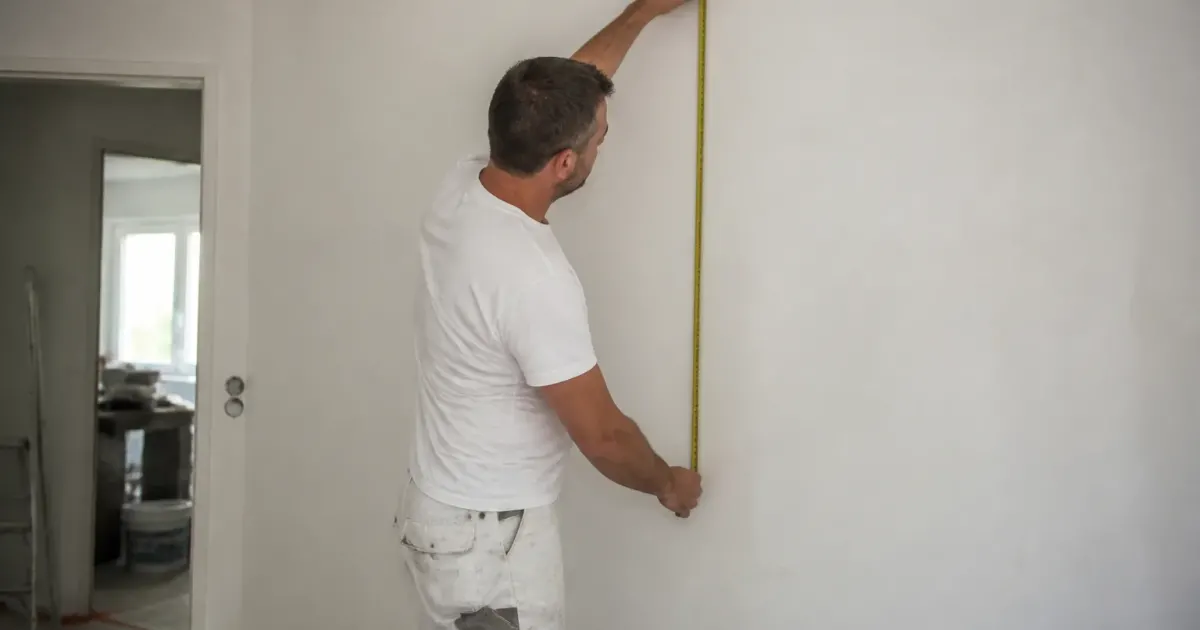 Peintre mesurant mur blanc avec metre ruban vertical