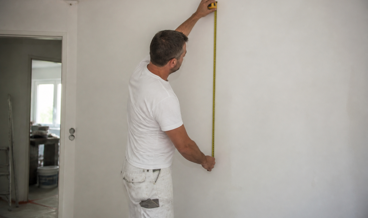 Peintre mesurant mur blanc avec metre ruban vertical