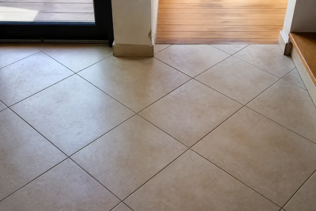Carrelage posé en diagonale avec découpes précises le long des bords