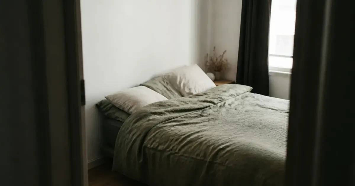 Petit espace de chambre avec lit contre mur blanc