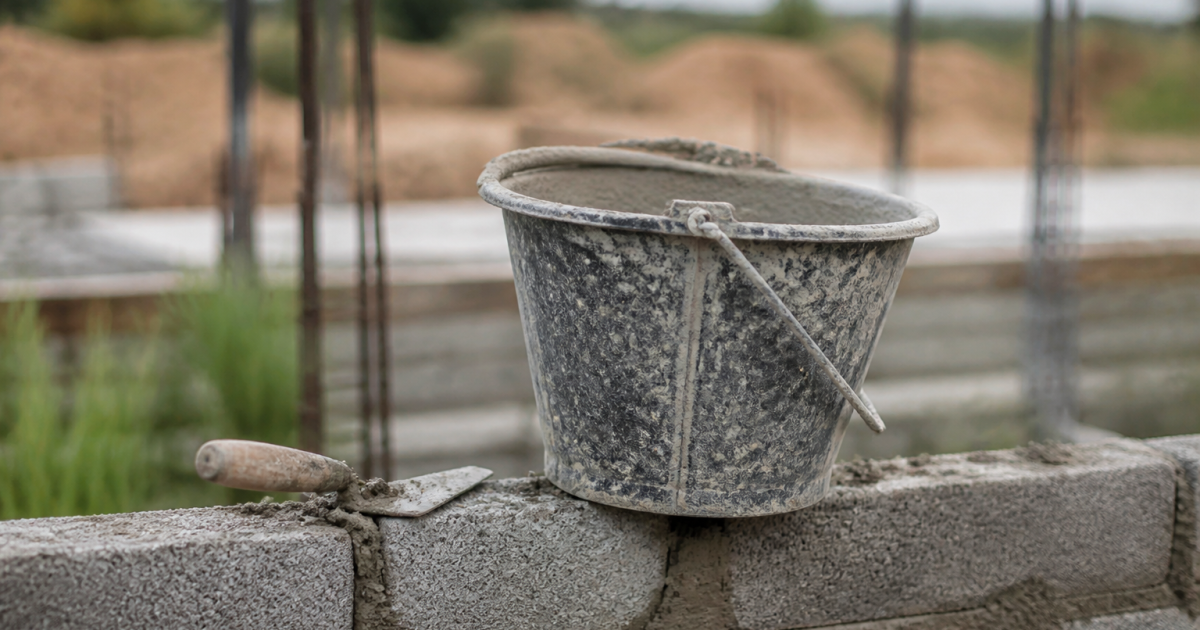 Seau de ciment posé sur mur en construction avec truelle