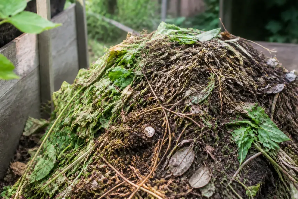 Tas de compost avec feuilles vertes et matiere brune seche