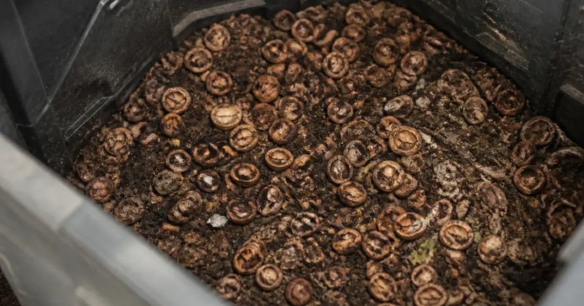 debris coquilles noix accumules fond bac compost