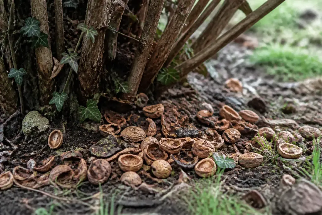 Coquilles de noix concassees au pied d'un arbuste