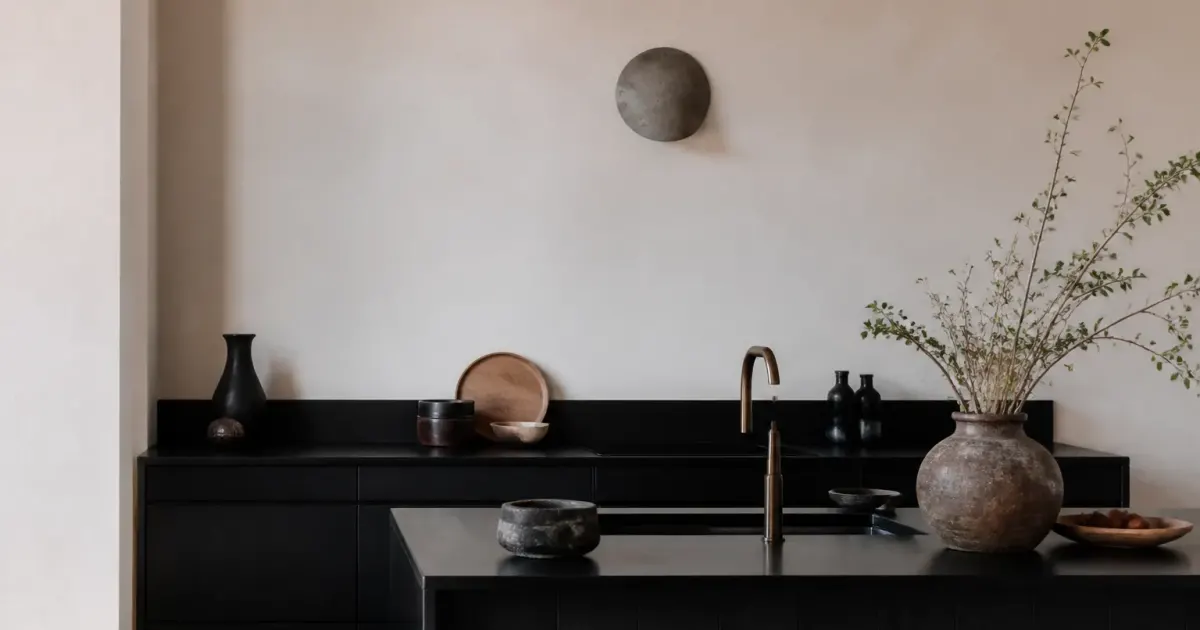 Cuisine noire moderne contre mur clair pastel