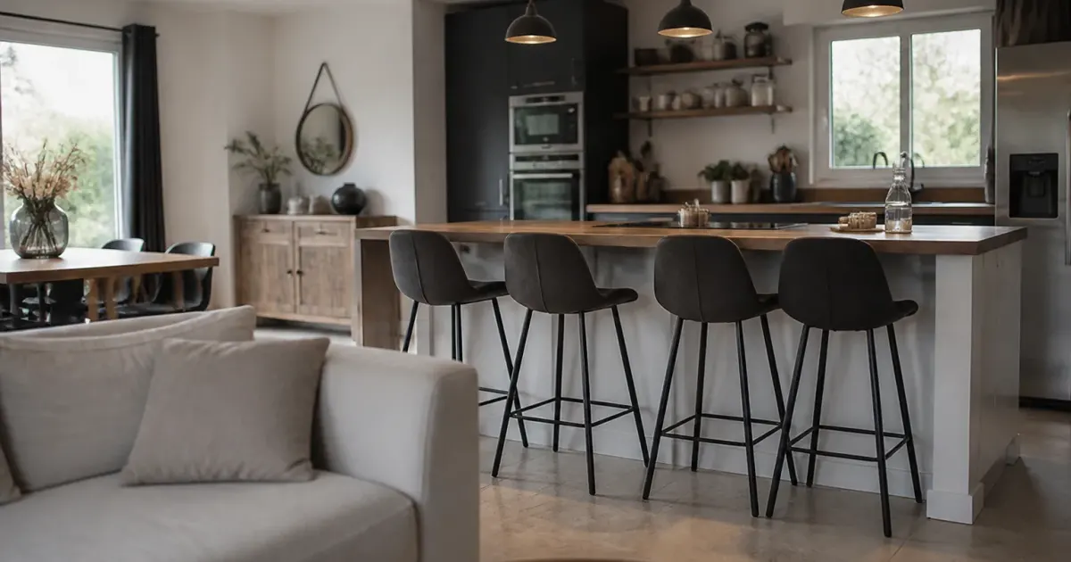 Cuisine ouverte sur salon avec ilot central et tabourets hauts