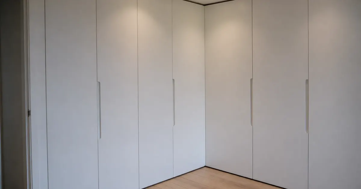 Armoires blanches alignees trois cotes formant angle fermant espace