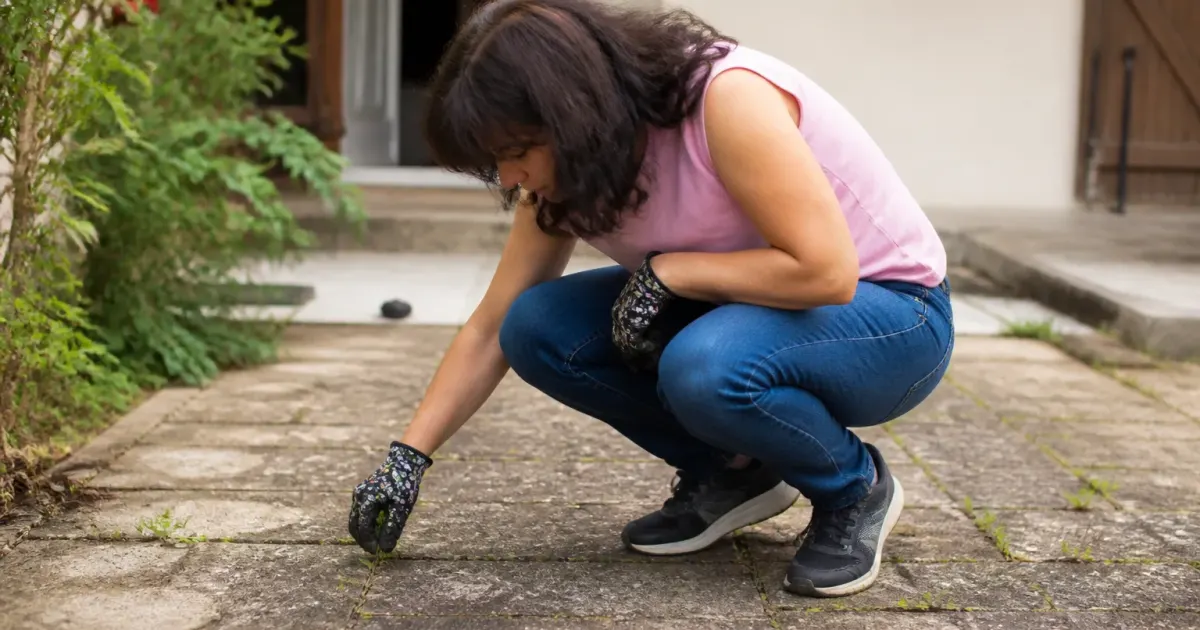 Personne accroupie grattant herbes entre dalles terrasse