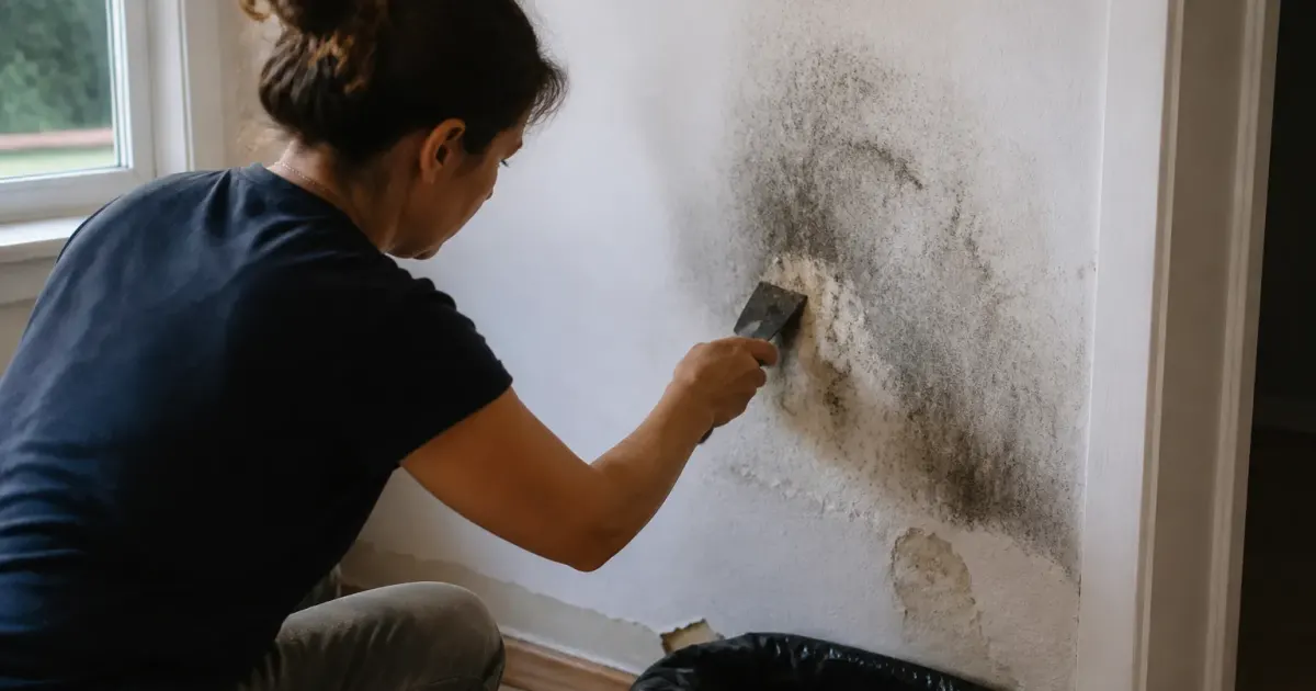 personne grattant moisissure noire sur mur blanc platre