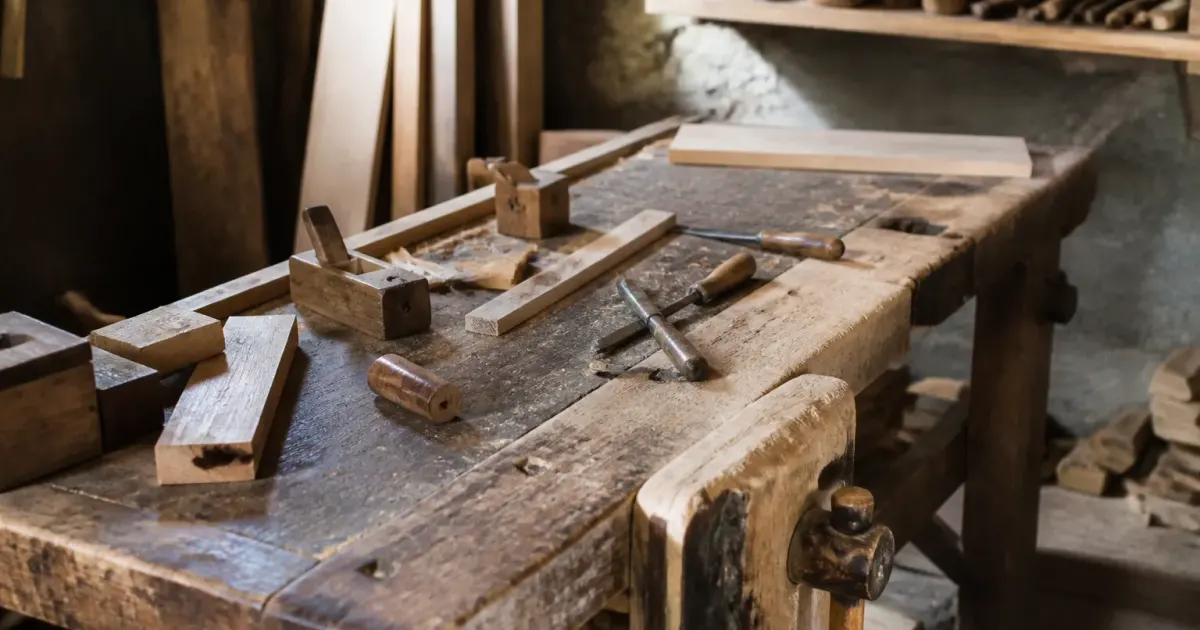 Etabli de bois supportant outils et materiaux d'atelier