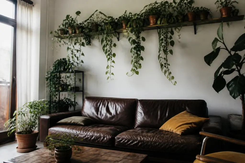 Salon avec etageres hautes et plantes suspendues verticales