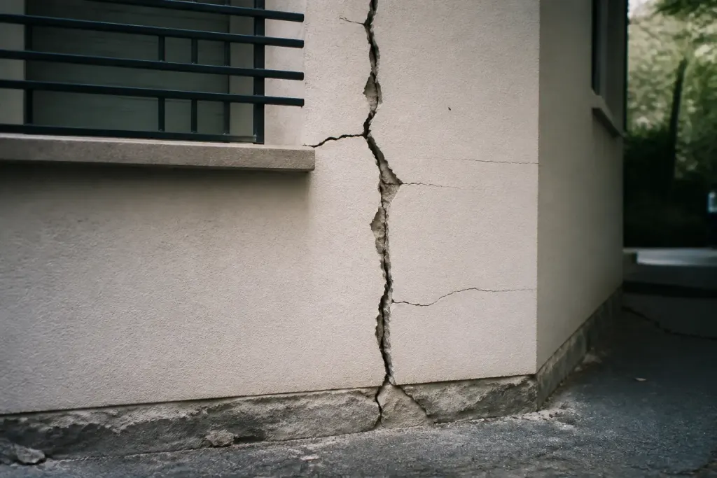 Fissures visibles dans mur endommagé d'immeuble collectif