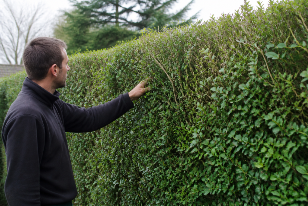 Personne inspectant une haie dense avant la taille printaniere