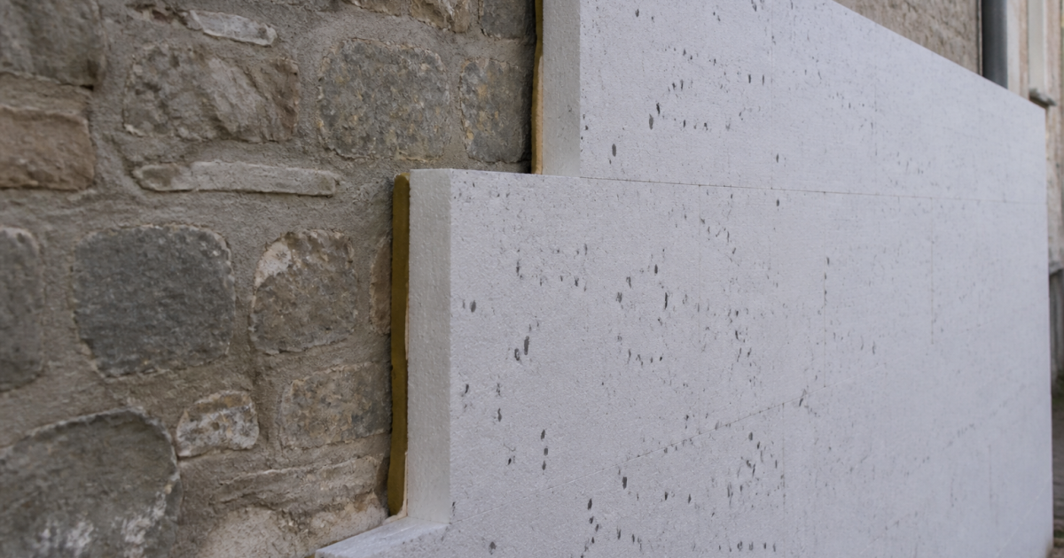 Murs epais en pierre grise avec isolant applique dessus