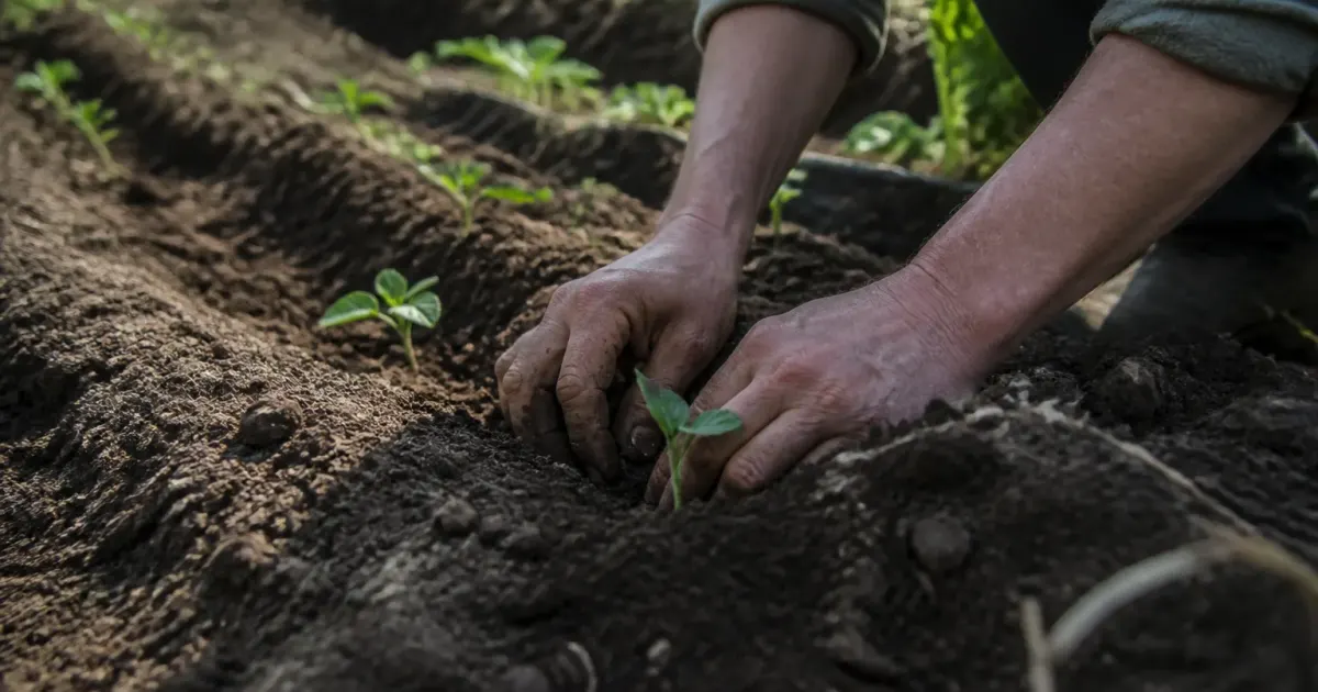 Mains plantant seedlings dans rangees de terre soulevee