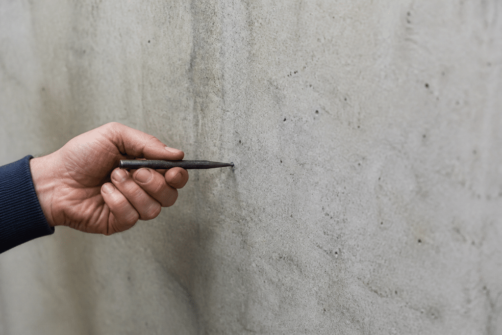 Pointeau marquant mur béton avant perçage manuel