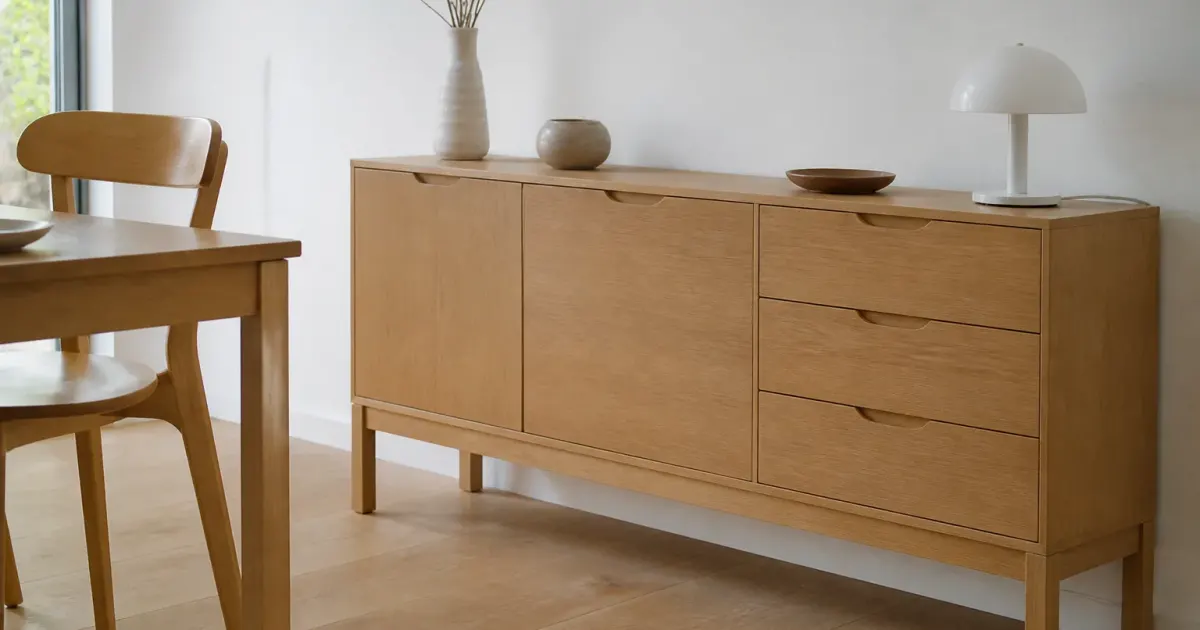 Mobilier bois clair positionne contre mur blanc pastel lumineux