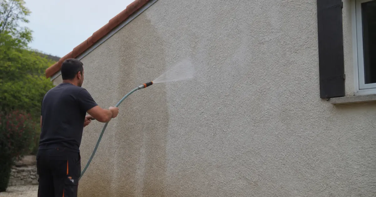 Ouvrier pulverisant eau sur mur crepis facade maison