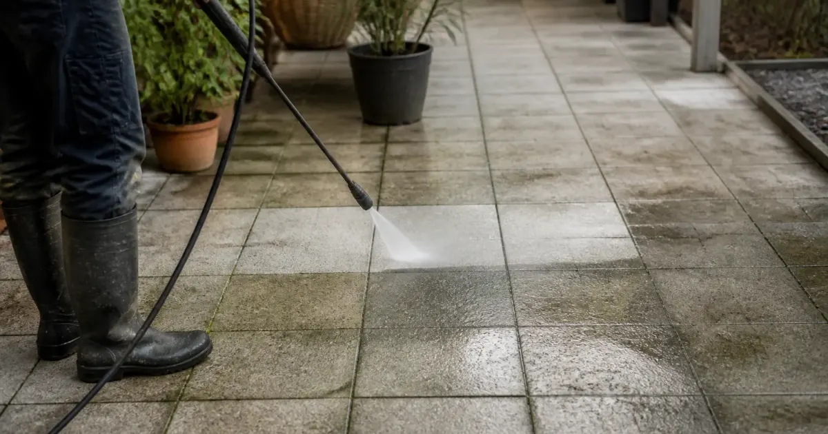 Personne nettoyant au jet une terrasse grise tachee