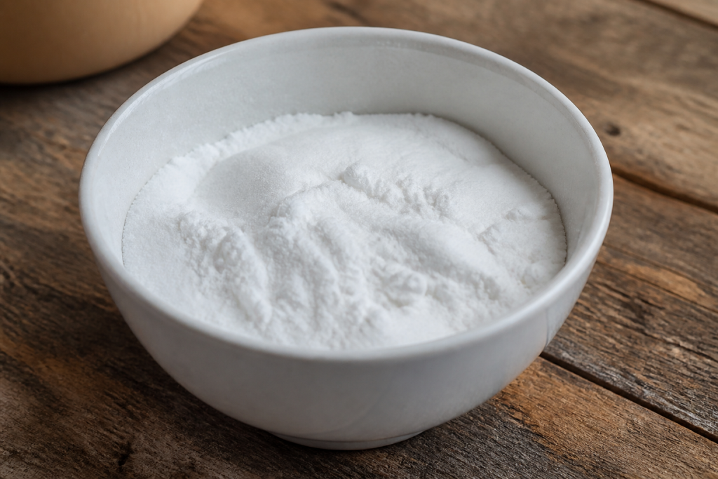 Bicarbonate de soude blanc dans bol ouvert