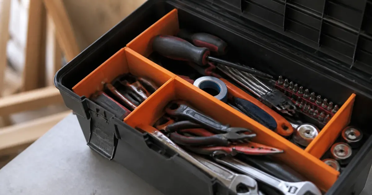 Outils de bricolage ranges dans boite de rangement organisee