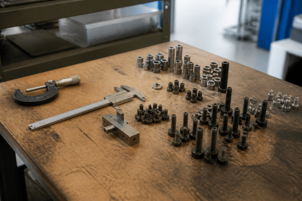 Outils de mesure et visserie groupes sur etabli organise
