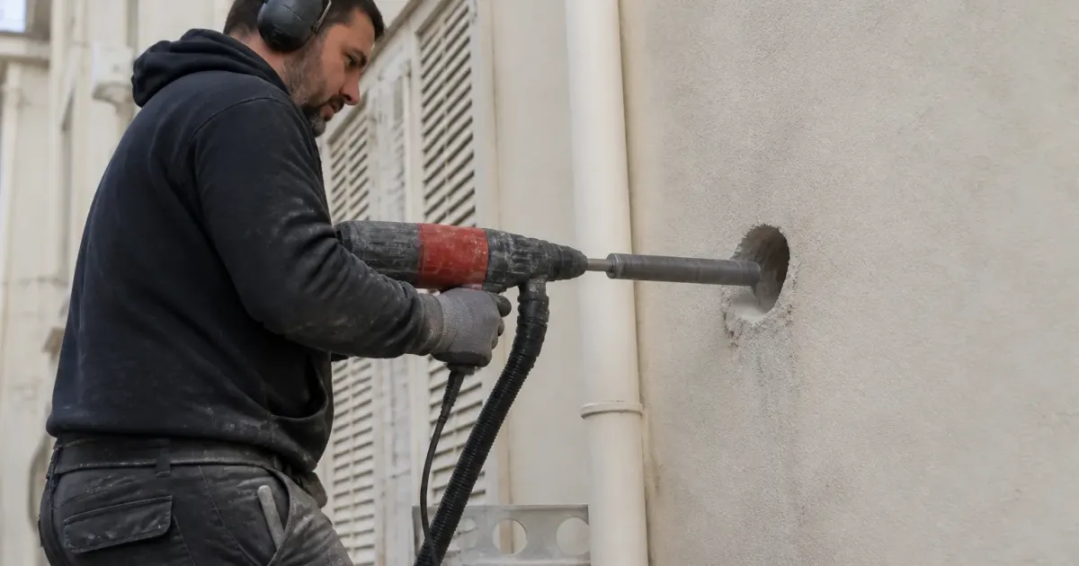 Ouvrier percant trou mur immeuble climatisation