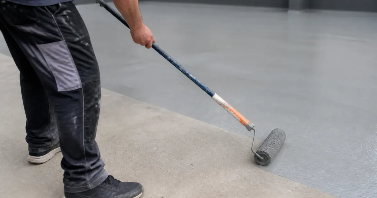 Personne peignant surface beton gris avec rouleau applicateur