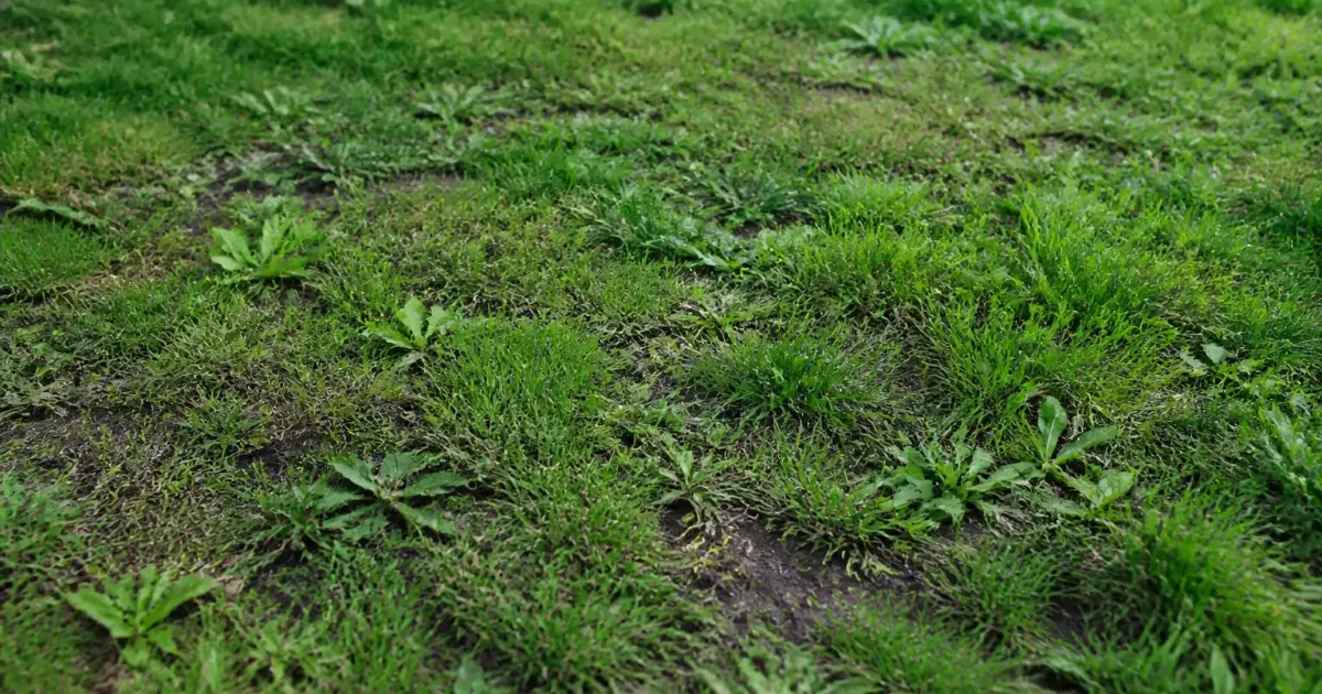 Pelouse degradee avec herbes indesirees envahissantes et sol visible par endroits