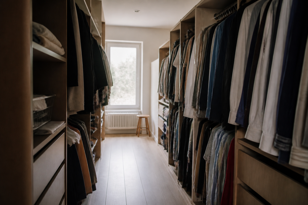 Penderie avec vêtements sur cintres et espace passage libre