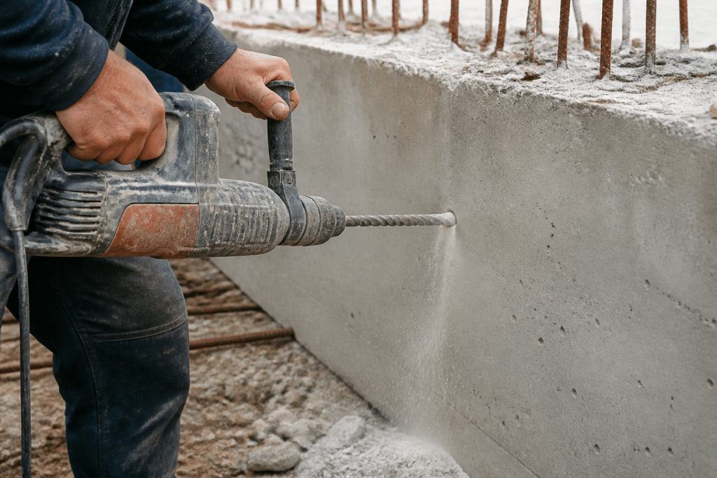 Perceuse avec foret dans béton armé gris épais