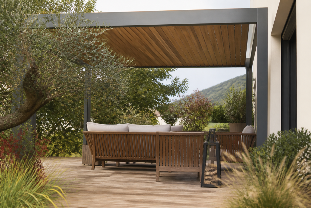 Pergola aluminium gris et bois massif en terrasse extérieure