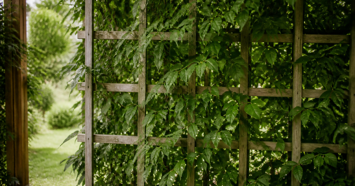 Treillage bois supportant plantes grimpantes feuillage dense