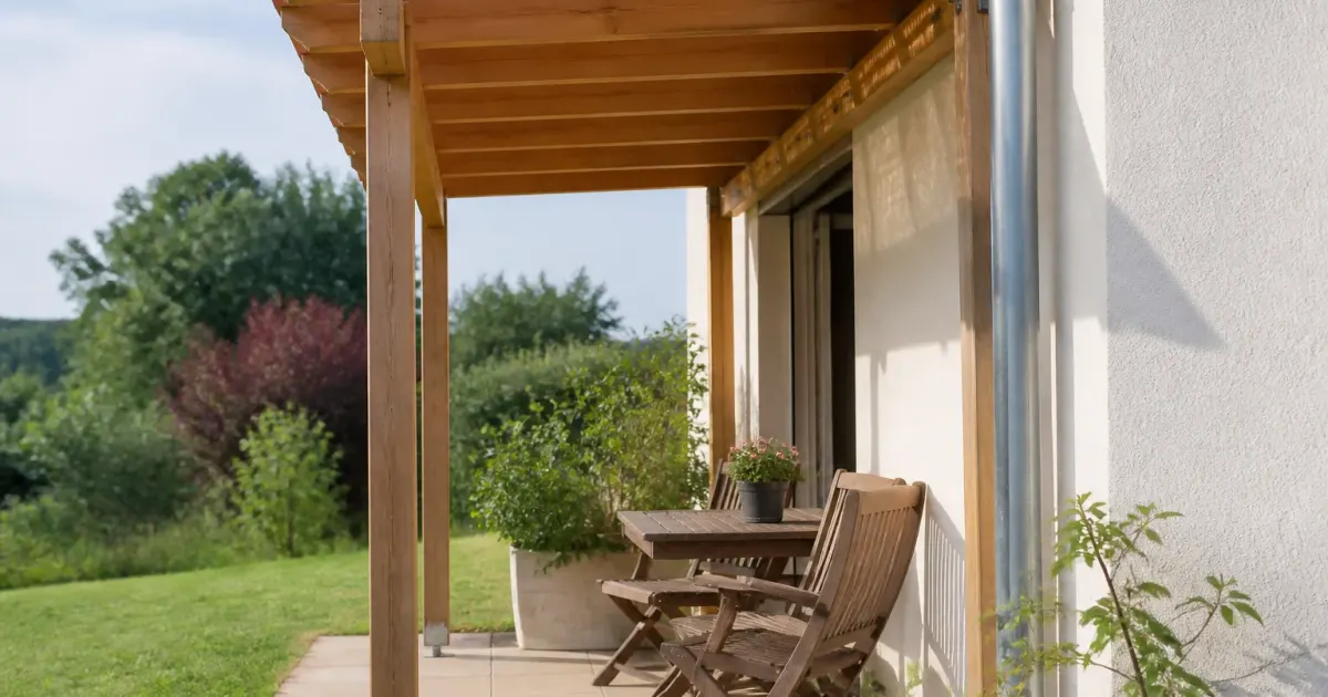 Document administratif avec pergola en bois adossee au mur