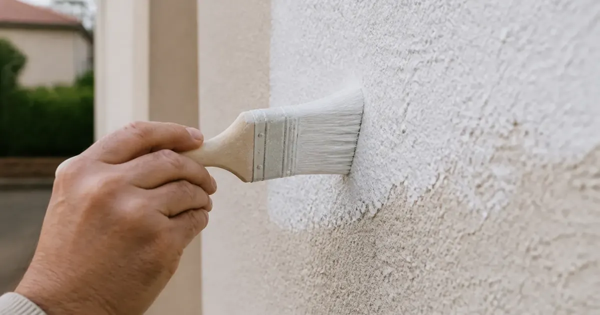 Pinceau appliquant peinture blanche sur surface murale texturee crepi