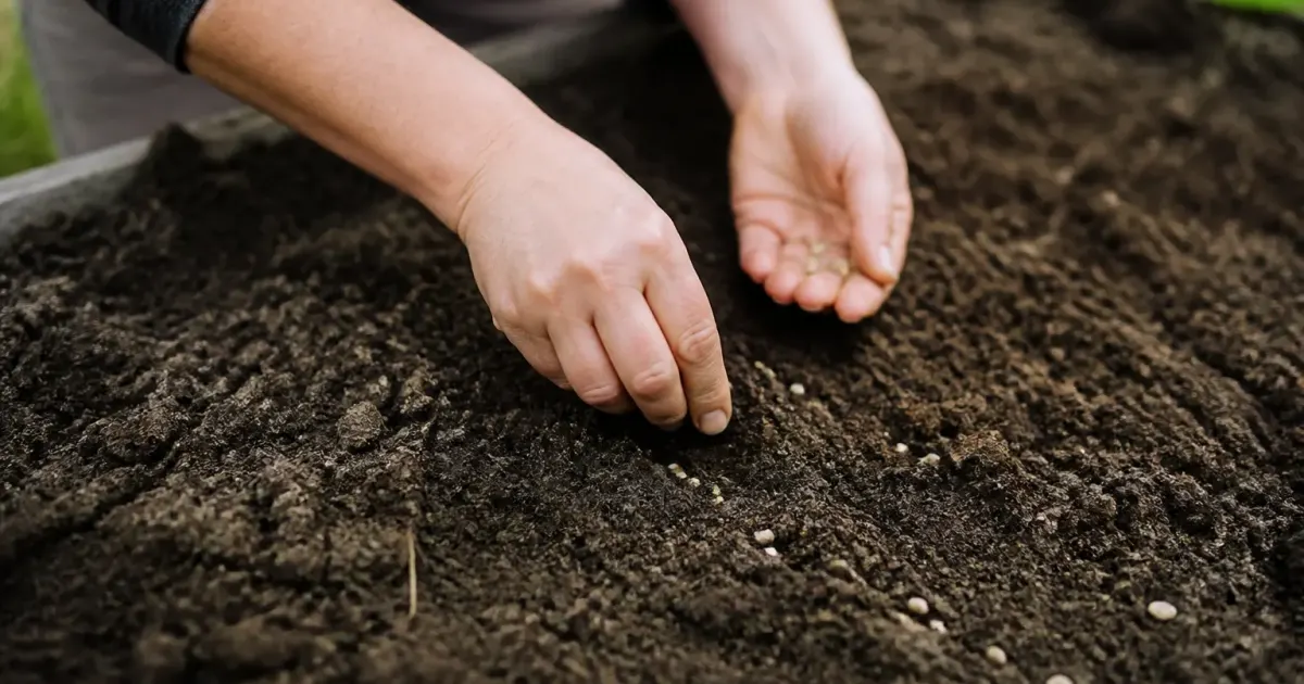 Mains plantant seeds dans sol fertile du potager