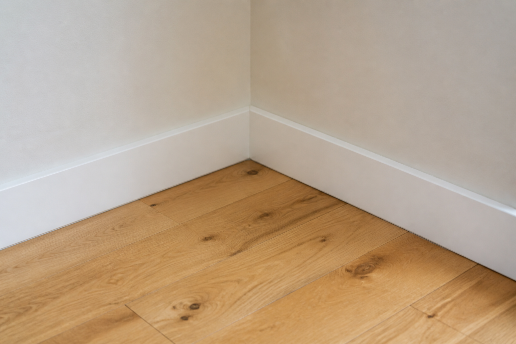 Plinthe blanche contre mur clair et parquet bois naturel