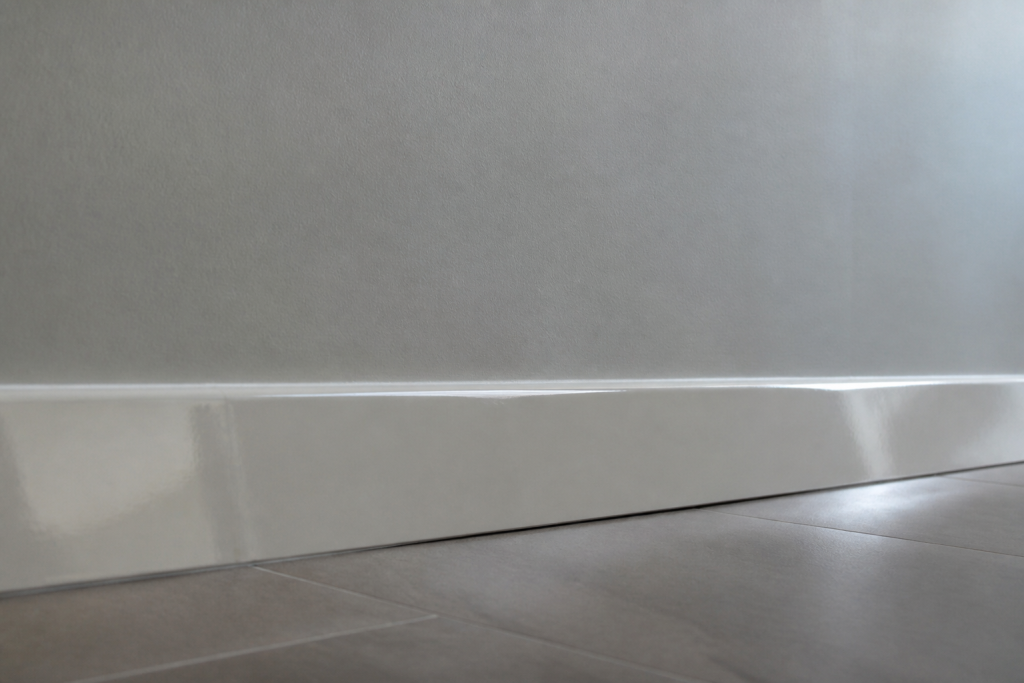 Plinthe brillante contrastant avec mur mat sous lumiere artificielle