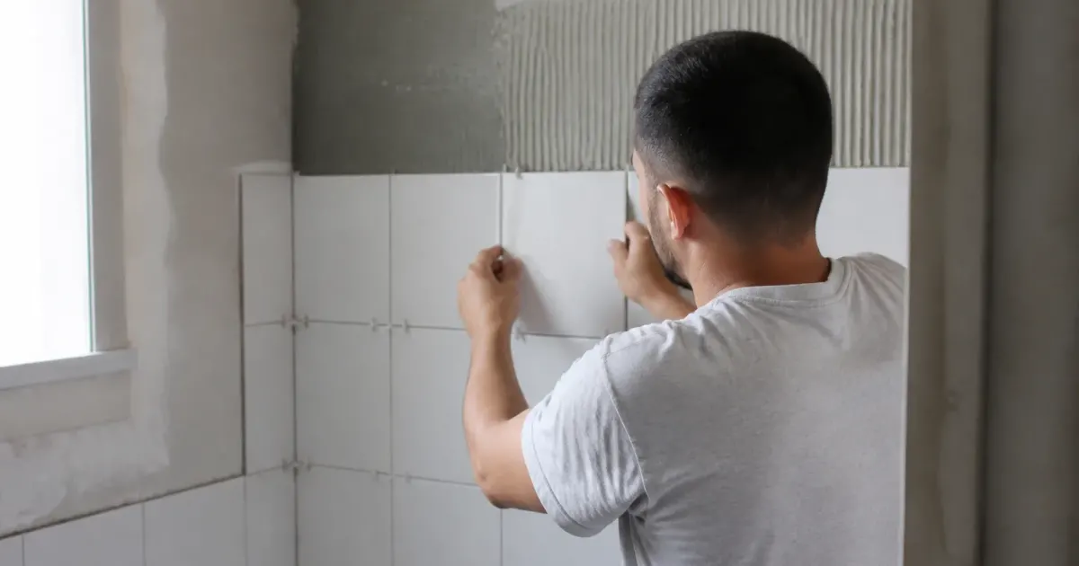 Ouvrier appliquant carrelage blanc sur mur salle bain