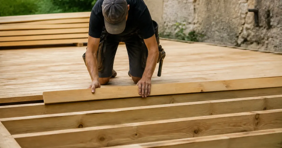 Ouvrier pose planches bois massif sol construction horizontale