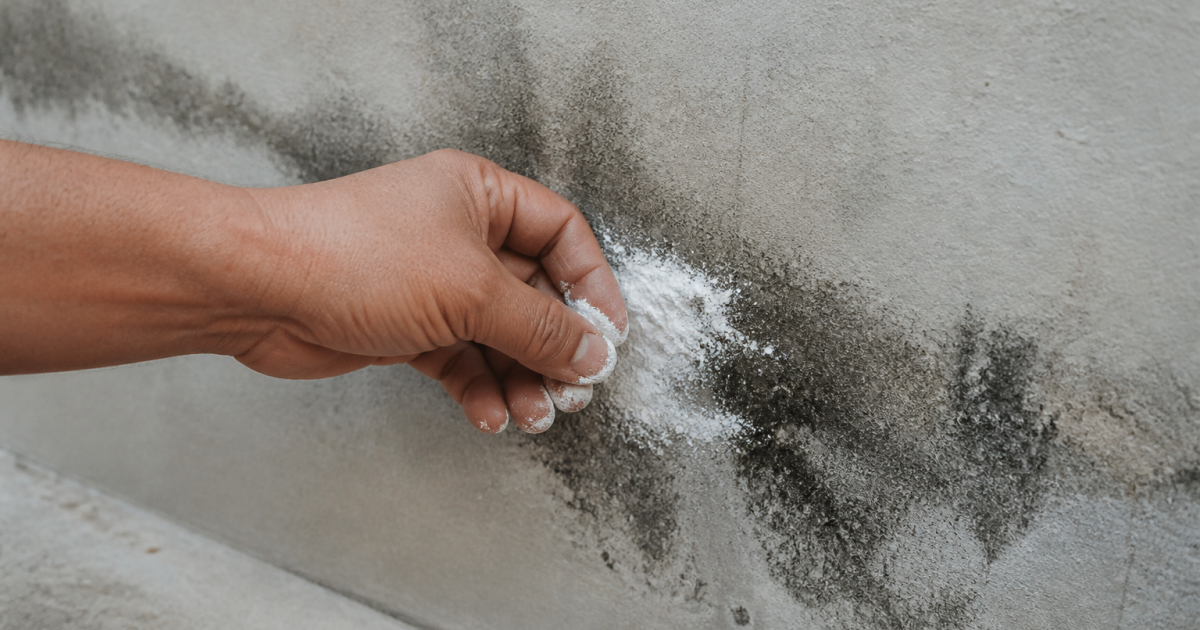 Main appliquant poudre blanche sur tache noire murale